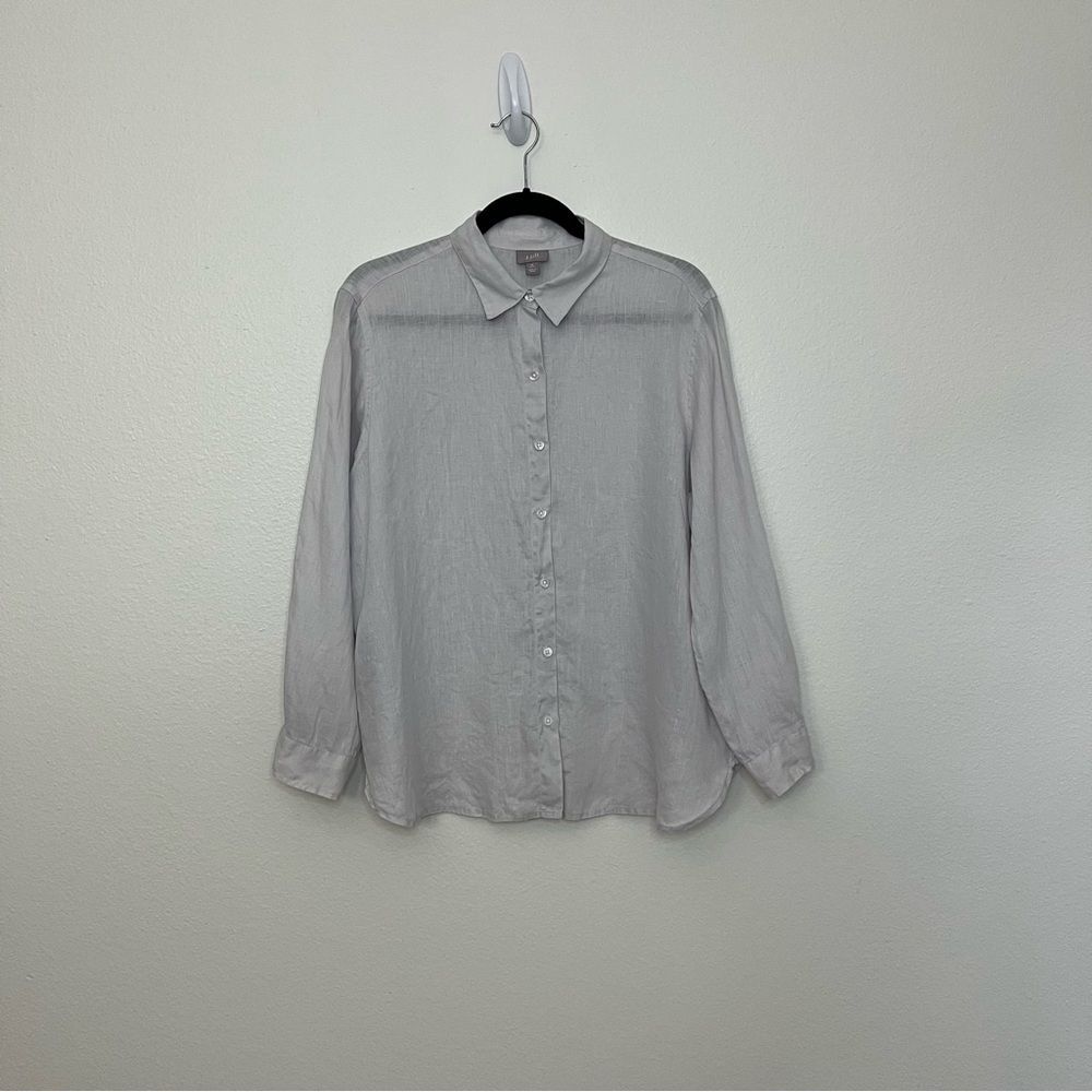 J. Jill Size M Linen Button Down Shirt Long Sleeve Light Gray Coastal Beach